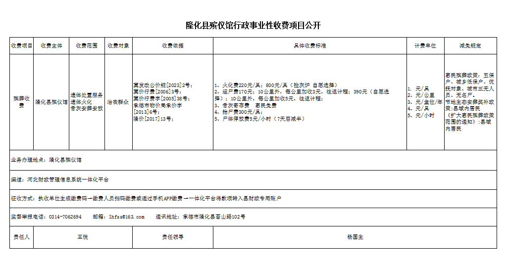 隆化县殡仪馆行政事业性收费项目公开